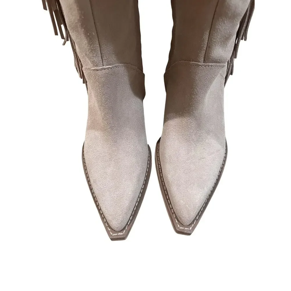 Dolce Vita Boots Womens Size 7.5 Beige Suede Fringe Knee High Pointed Toe